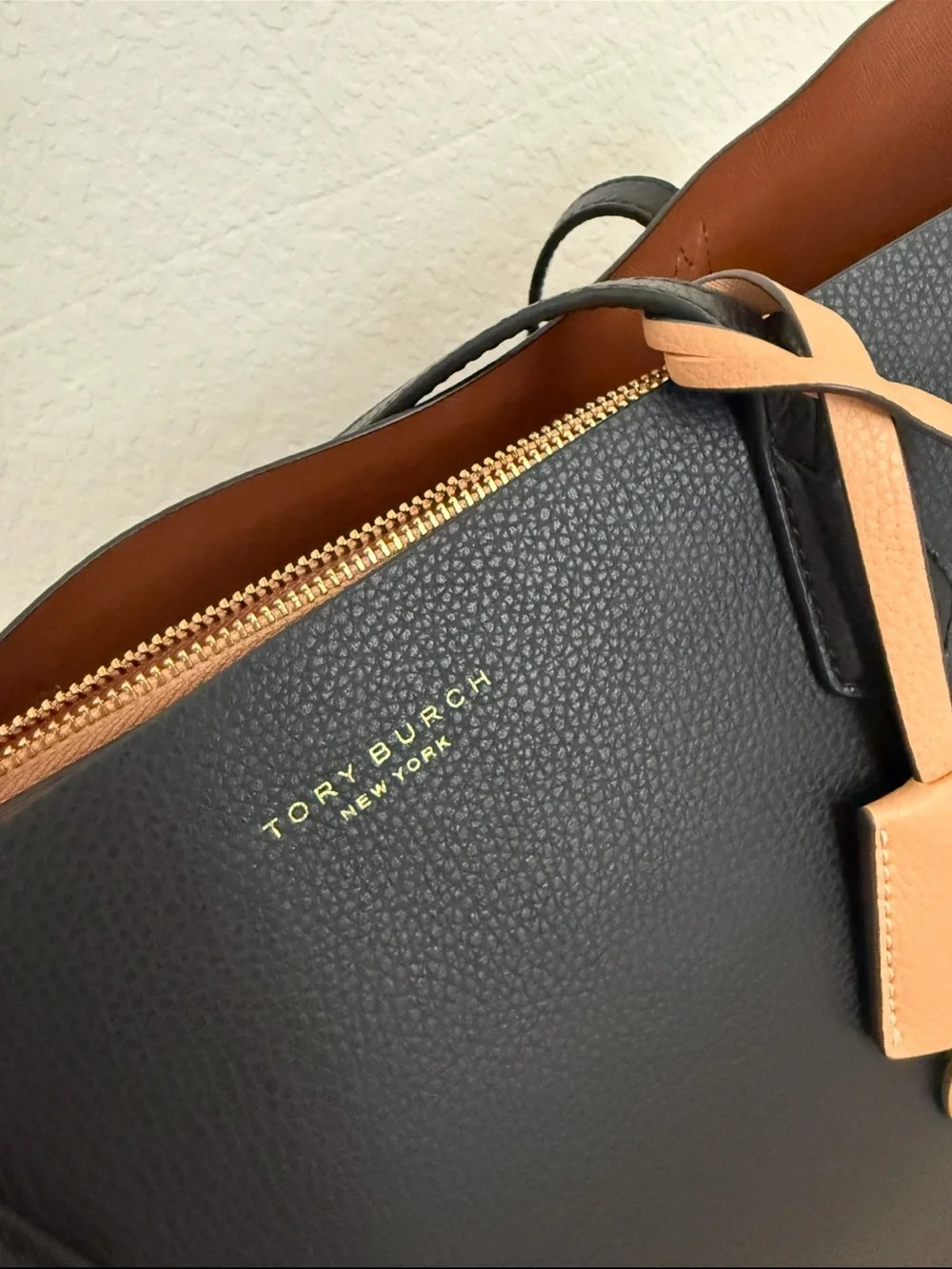 Tory Burch Black Leather Reversible Tote with Tan Accent like